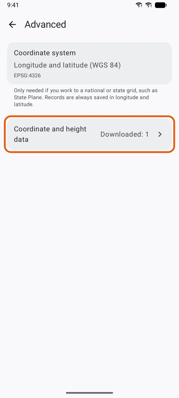 Advanced, with Coordinate and height data marked below Coordinate system.