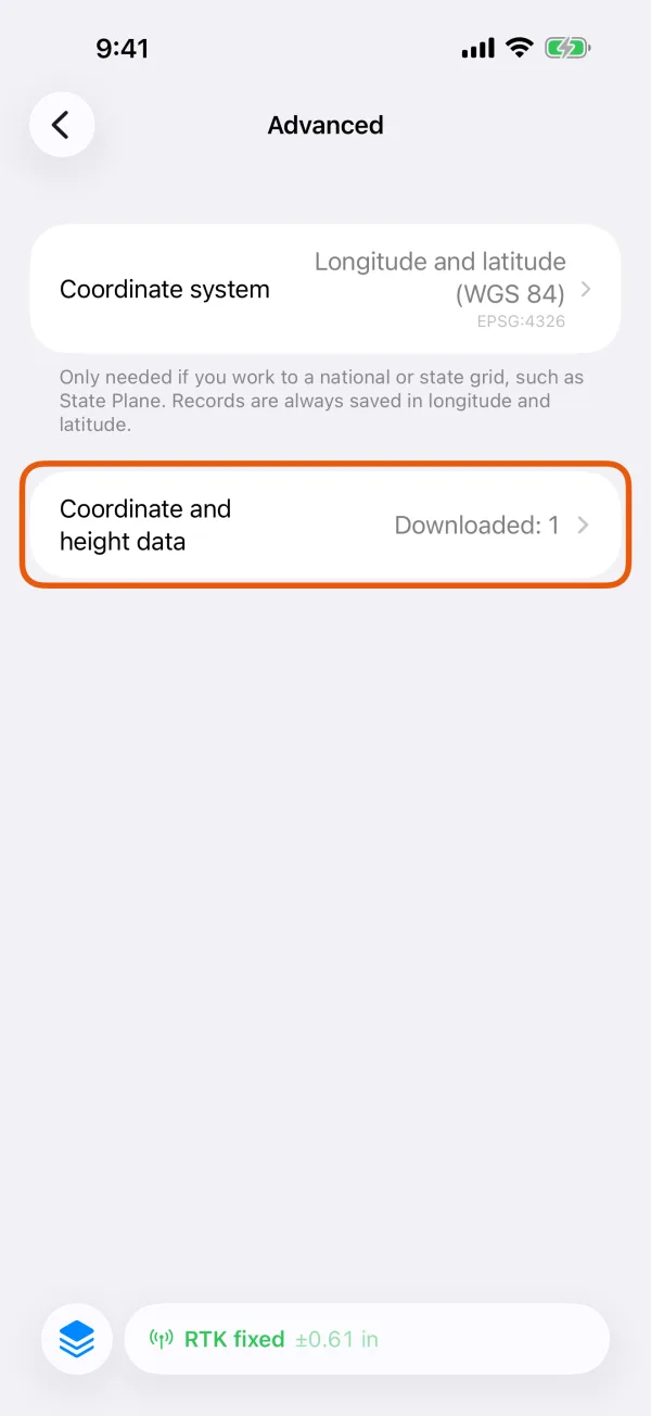 Advanced, with Coordinate and height data marked below Coordinate system.