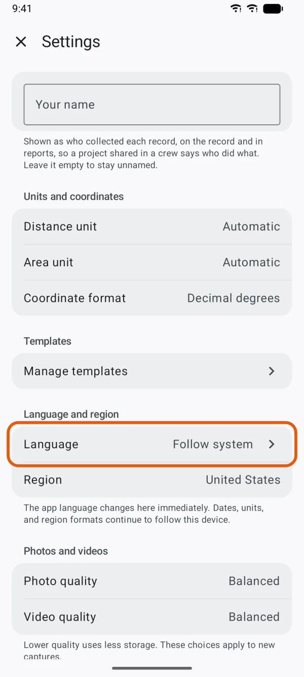 Language and region, with the app's language.