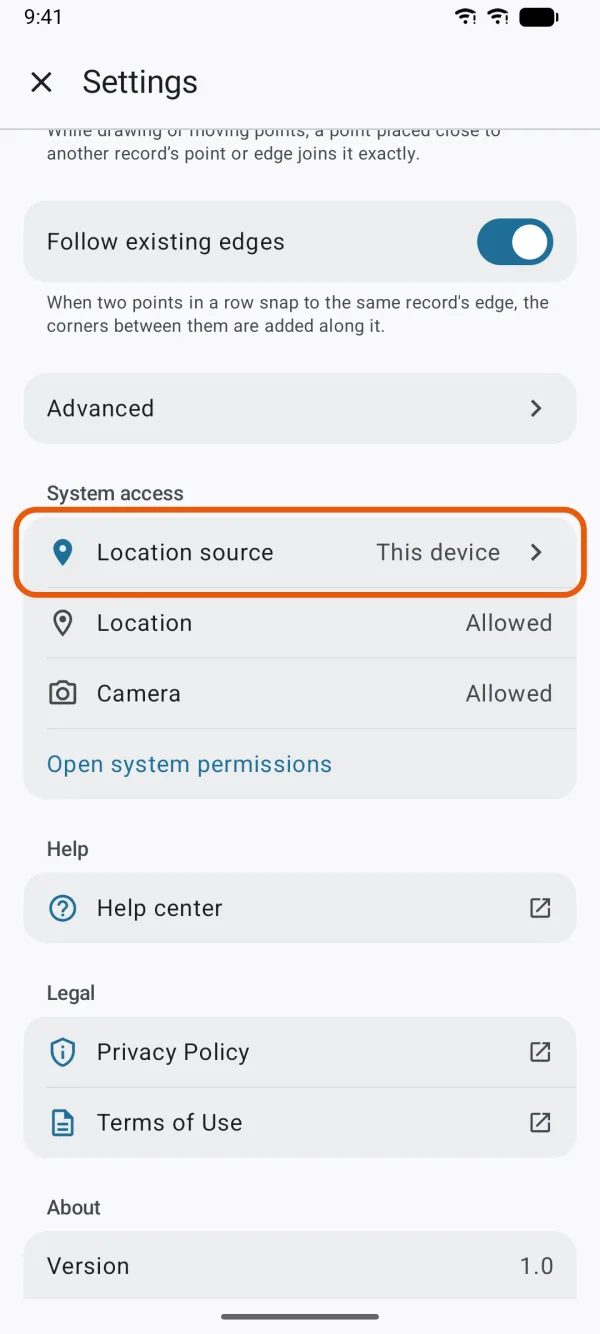 Settings, with Location source marked.