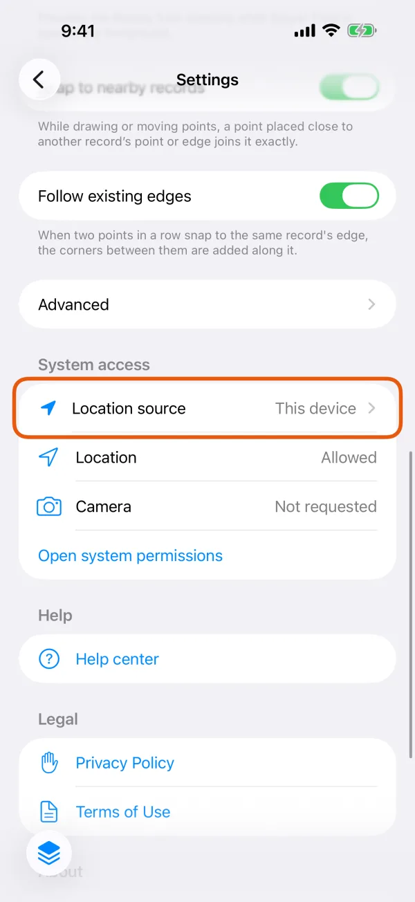 Settings, with Location source marked.