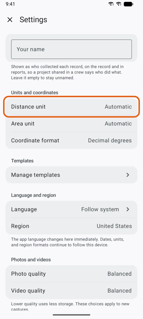 Distance unit and Area unit under Units and coordinates.