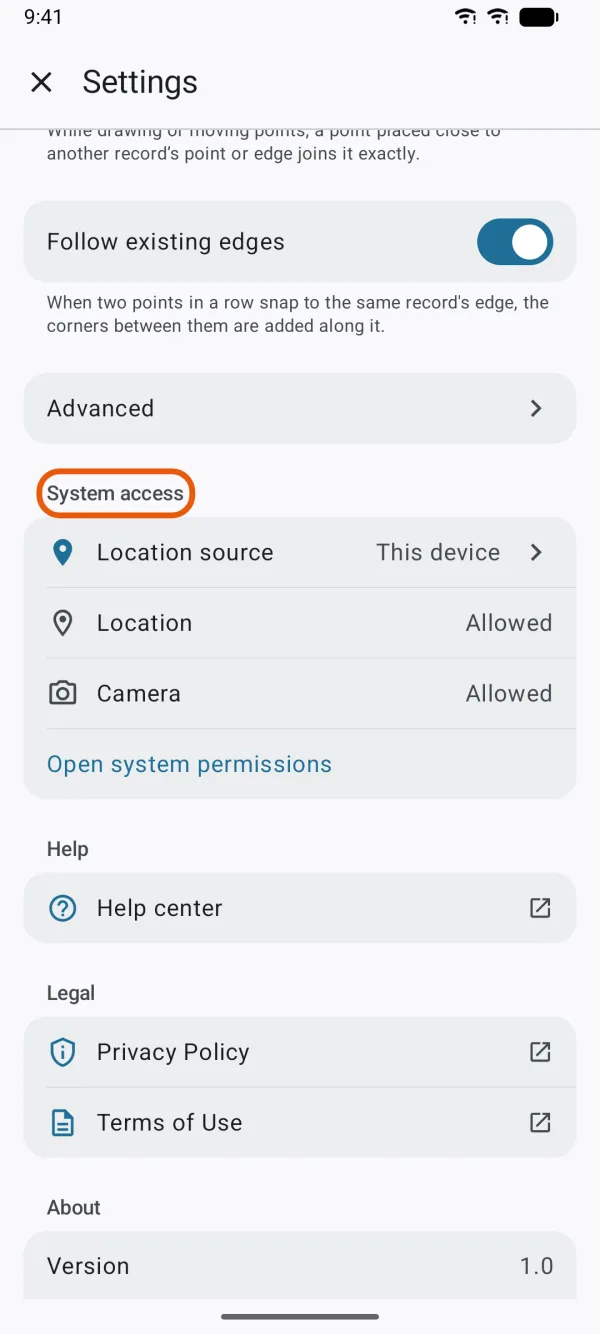 Settings, with the Location and Camera rows under System access.