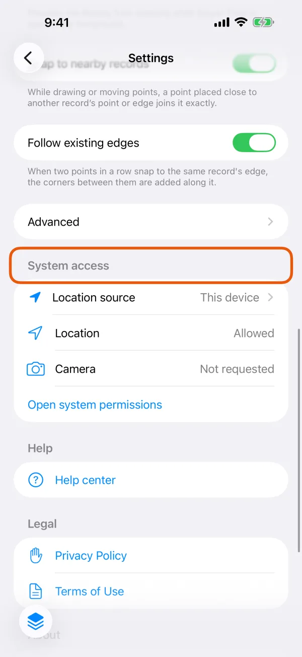 Settings, with the Location and Camera rows under System access.