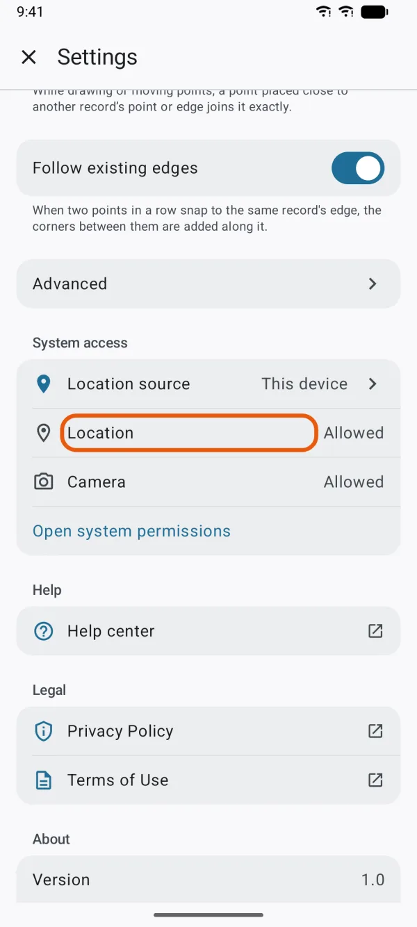 System access, with the Location status marked.