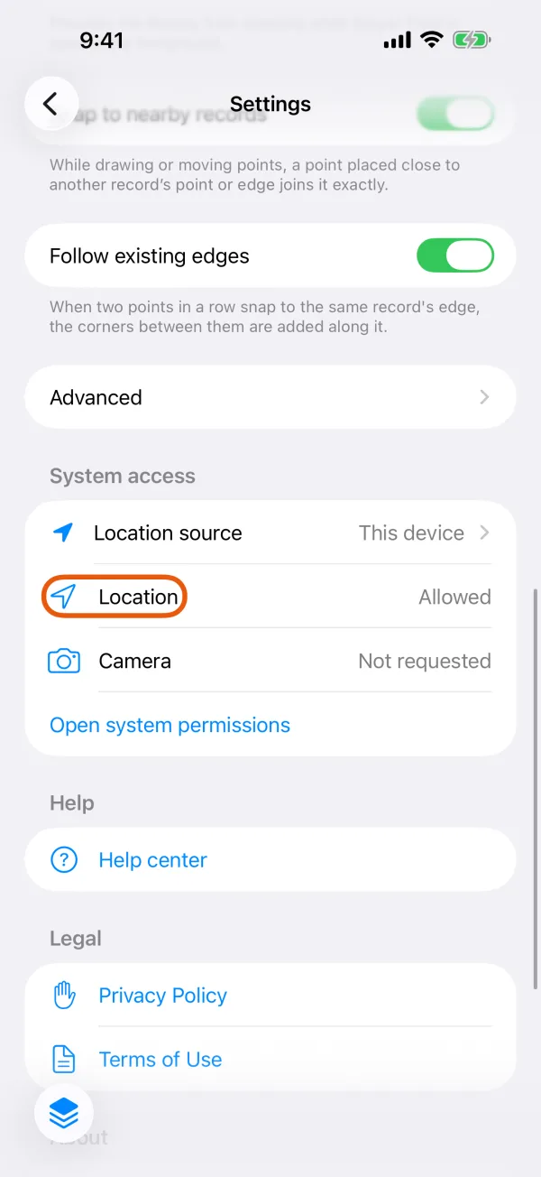 System access, with the Location status marked.