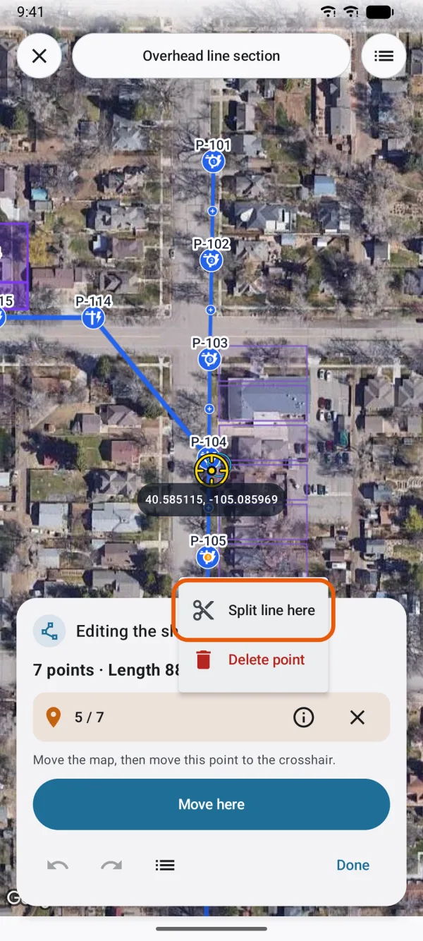 The point's menu, with Split line here and Delete point.