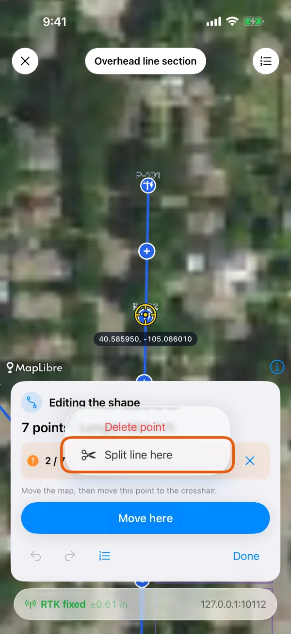 The point's menu, with Split line here and Delete point.