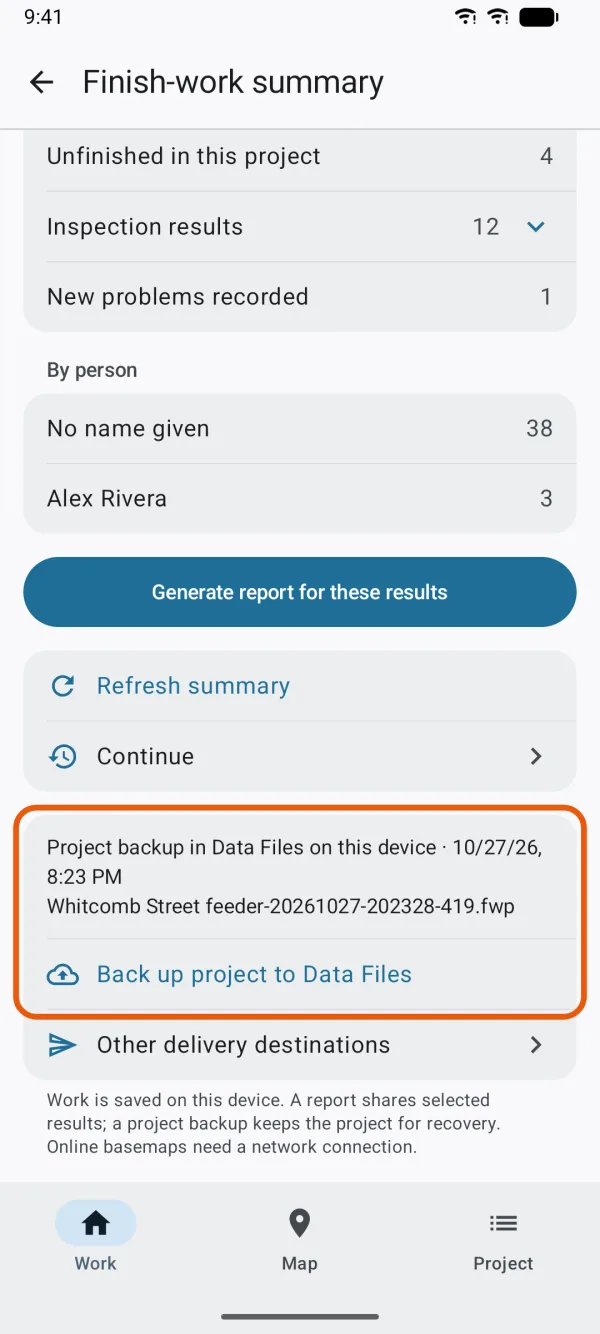 The backup line and Back up project to Data Files.