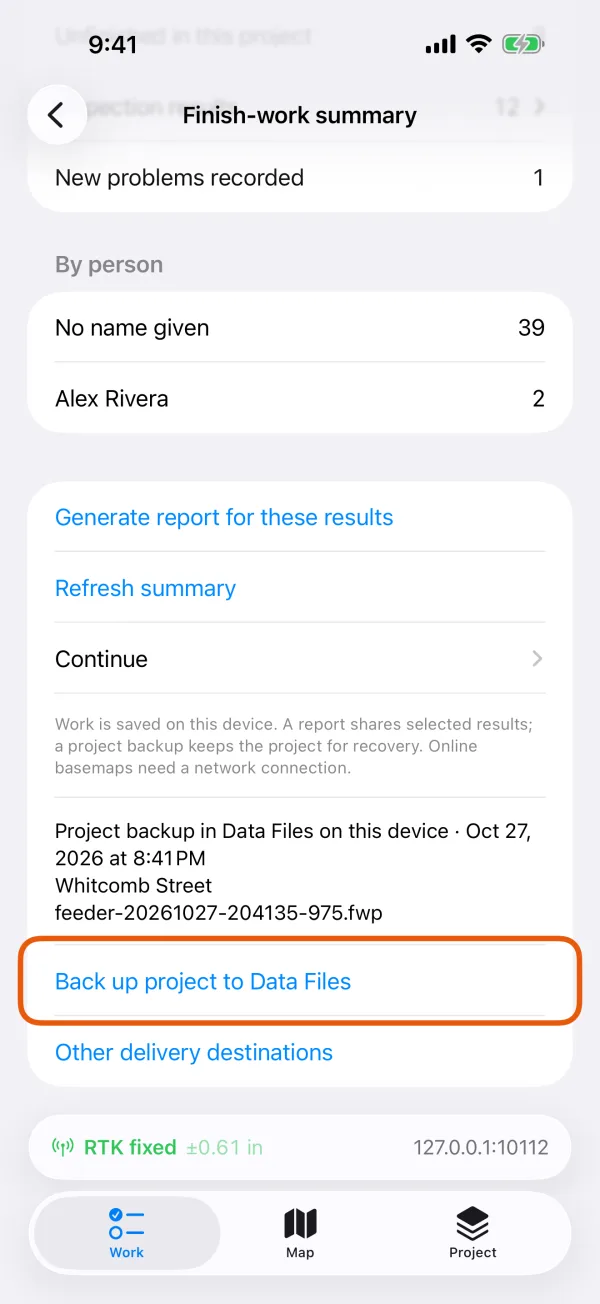 The backup line and Back up project to Data Files.