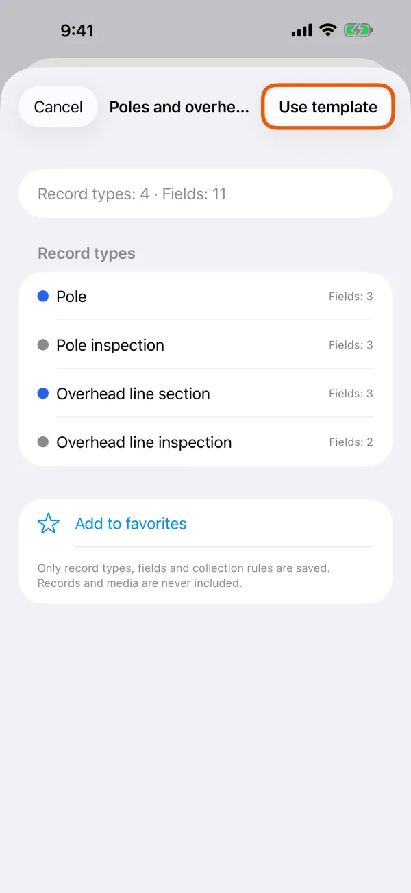 A template's record types, with Use Template at the top.