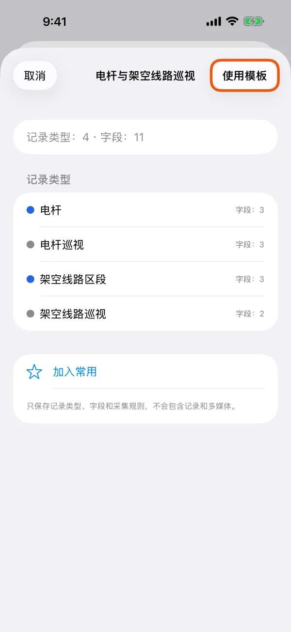 模板的记录类型，顶部是“使用模板”。