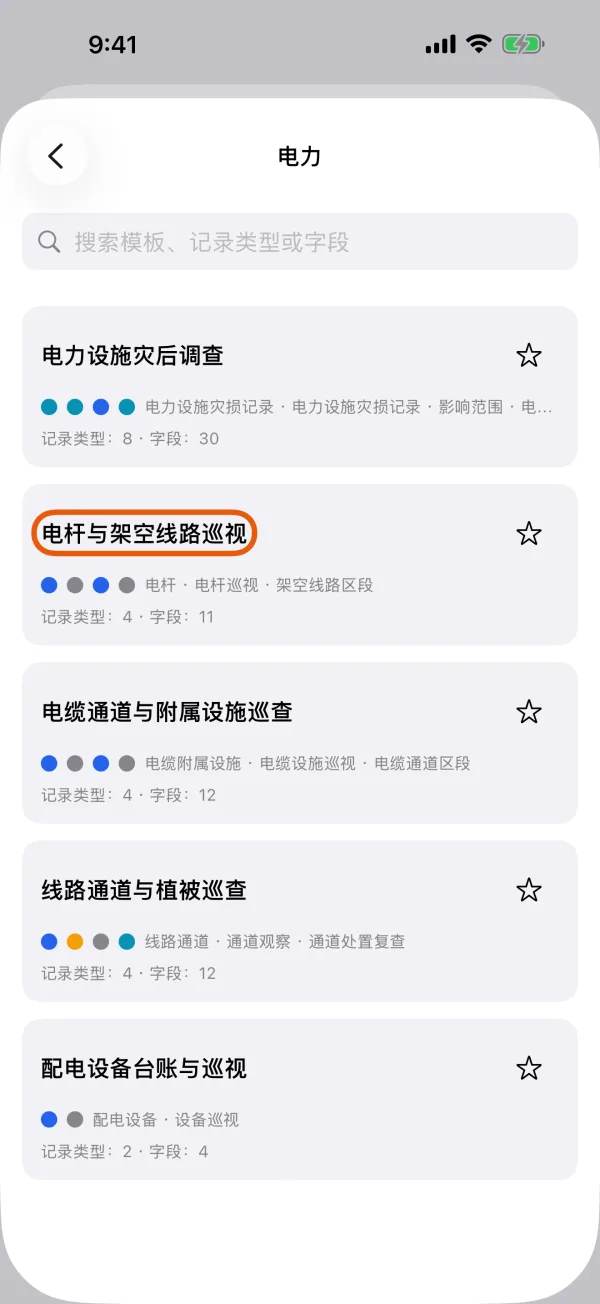 一个分类里的模板，每个都有记录类型和字段数。