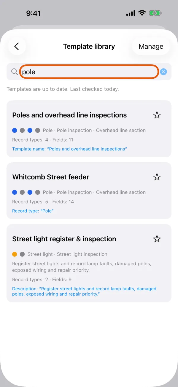 Templates matching a search, each with what matched.