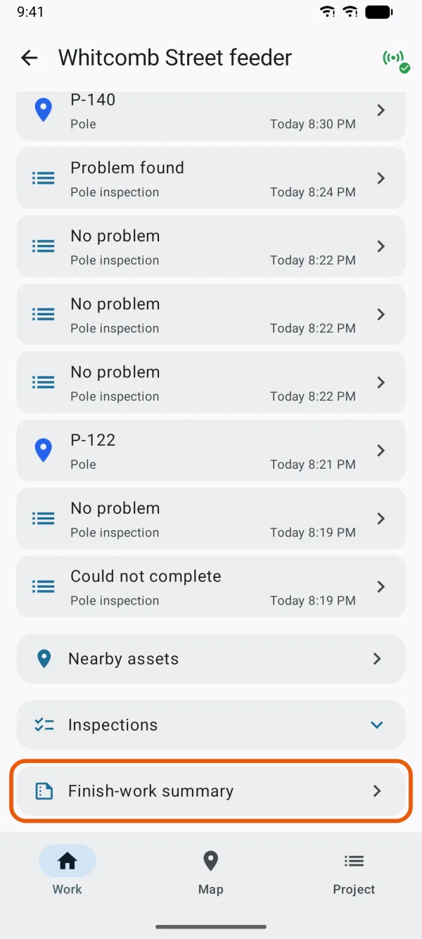 The Work tab, with Finish-work summary marked.