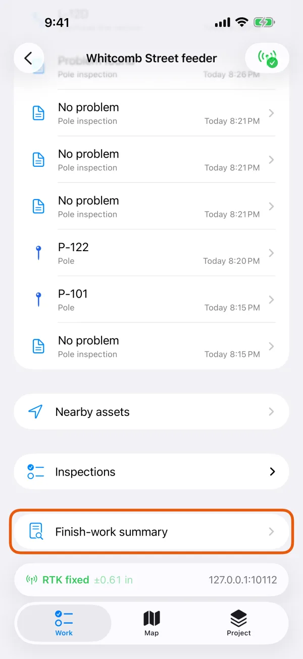The Work tab, with Finish-work summary marked.