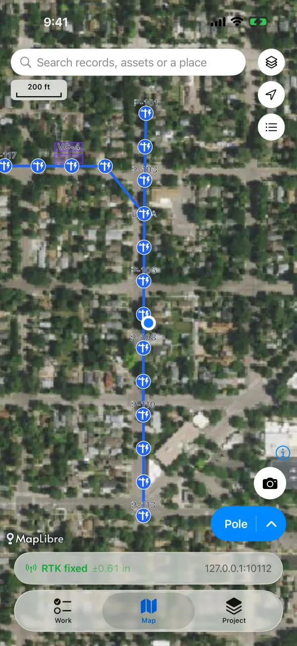 The Whitcomb Street feeder on USGS imagery: its poles and overhead line sections, and the RTK position from the receiver