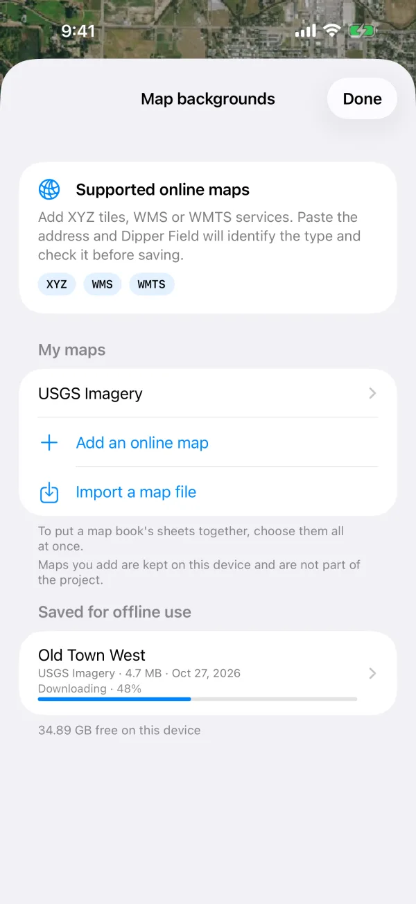 Map backgrounds, with USGS Imagery under My maps and an area of it downloading for offline use
