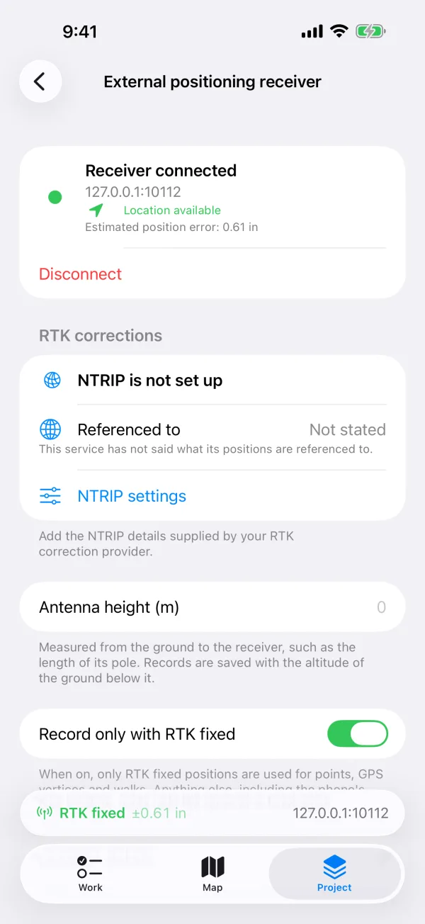 An RTK receiver connected over Wi-Fi with an estimated position error of 1.6 cm, and its NTRIP settings, antenna height and Record only with RTK fixed switch